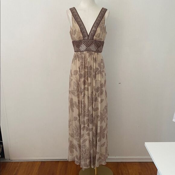 BCBG Beaded Cream & Brown Floral Silk Gown Size 2 - Picture 2 of 16